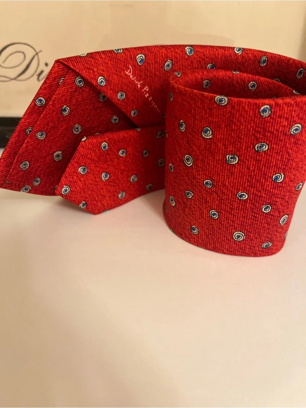BVLGARI Red Silk Tie with Blue and Ivory Dot Motif - Made in Italy - 3.75” Width
